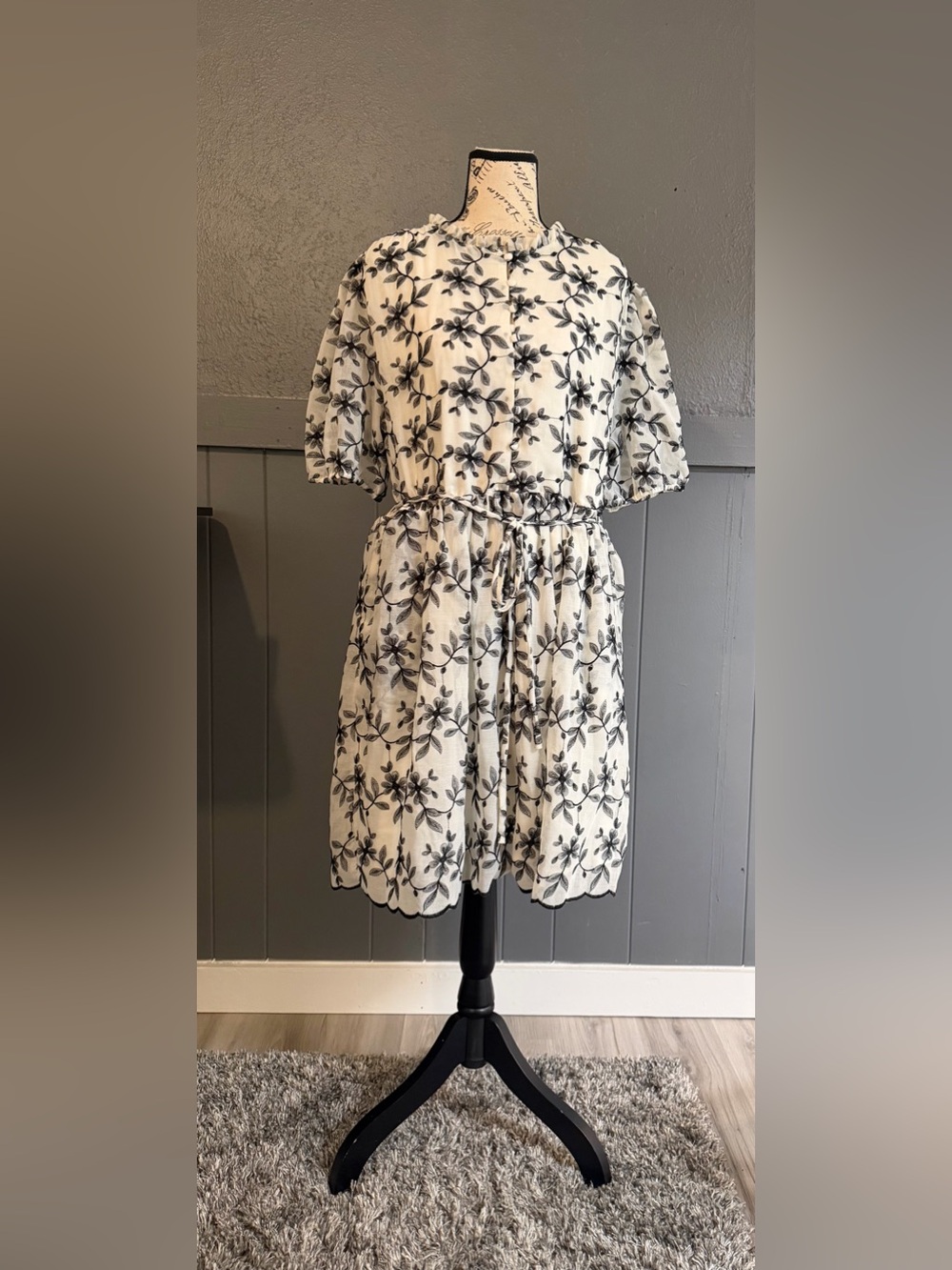 Draper James Cream Mini Dress with Black Floral Embroidery
